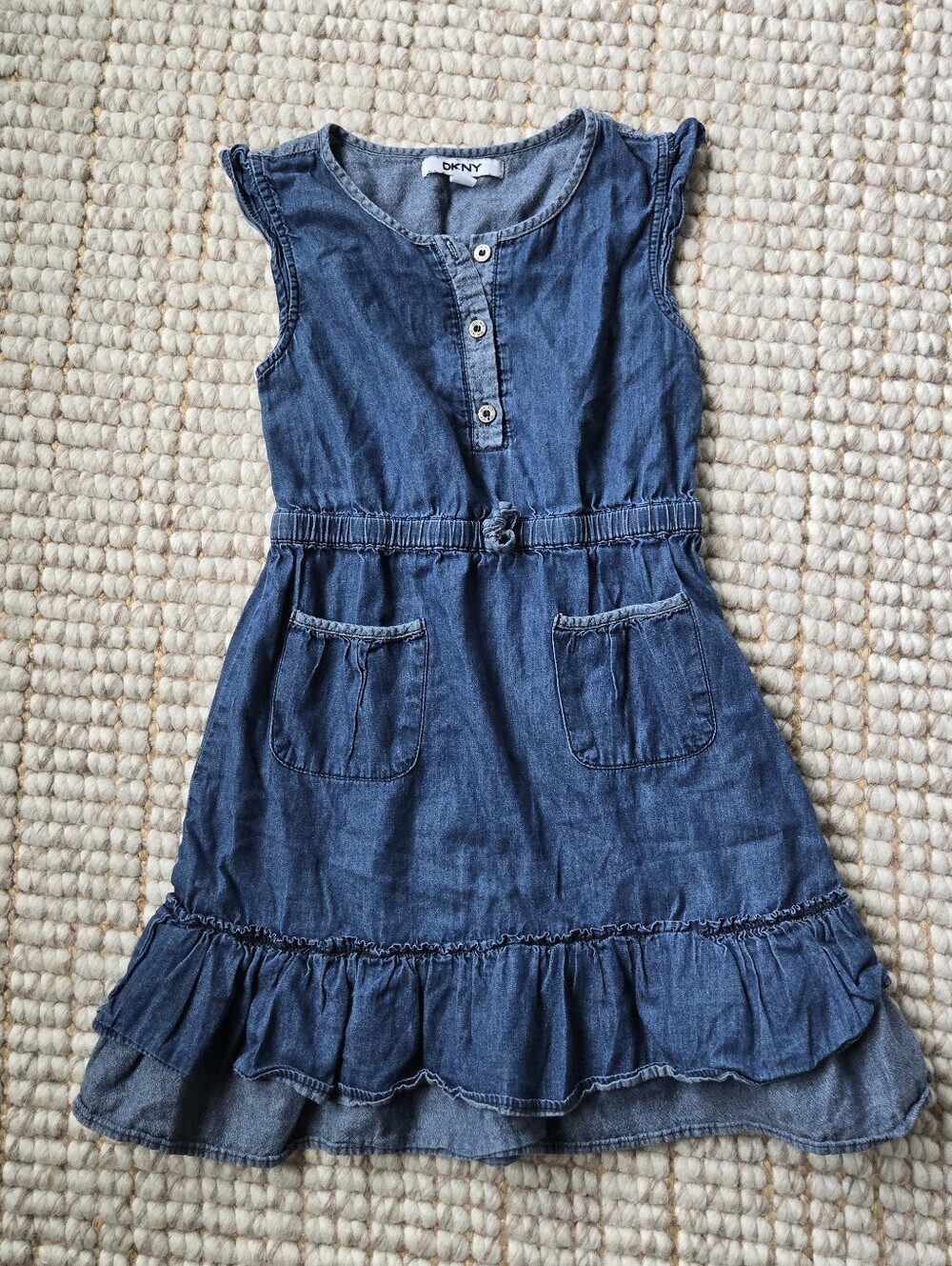 DKNY Denim Dress Girls Size 7 Ruffles Summer Sleeveless Cotton Cottagecore Clean